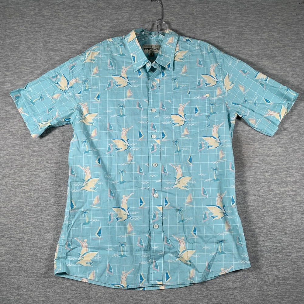 Tipsy Elves Shirt Mens Large Blue Shark Sailboat Hawaiian Short Sleeve Button